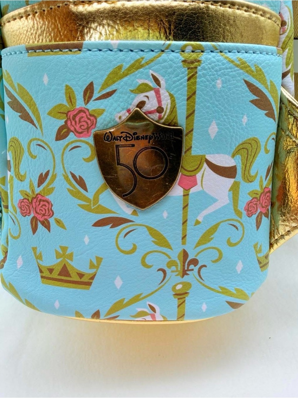 Loungefly Aqua Carousel Mouse Ear Mini Backpack with Gold Accents - Picture 5 of 10